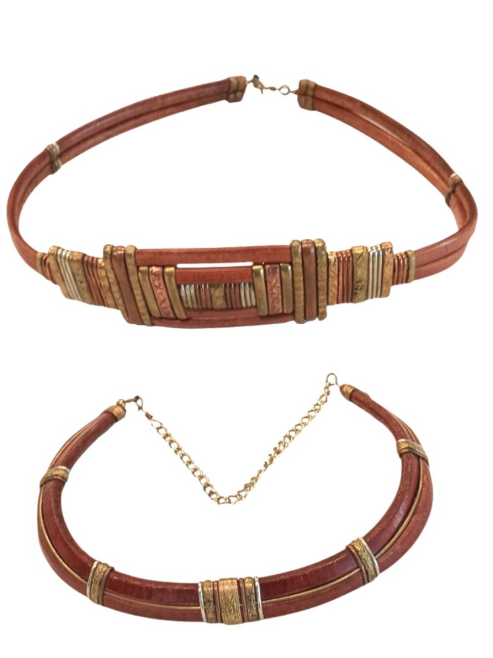 VTG Bohemian Leather Belt & Necklace Mixed Metal Copper Silver Tribal Western